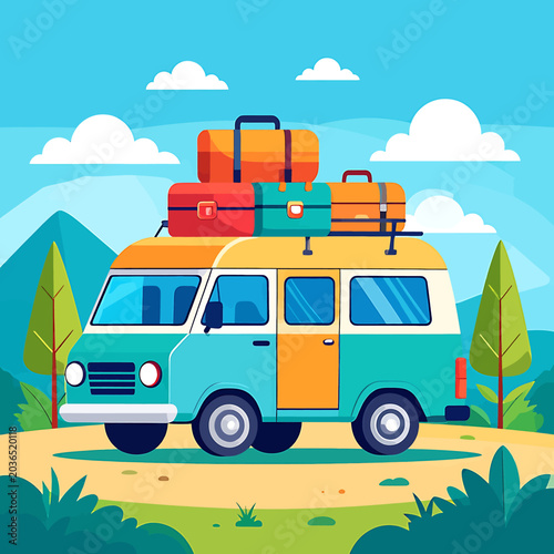 Colorful van with luggage on top.