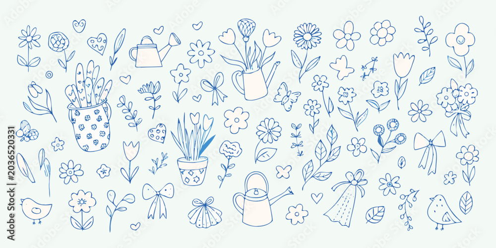 Obraz premium Floral ornament with watering cans line art on a light blue background