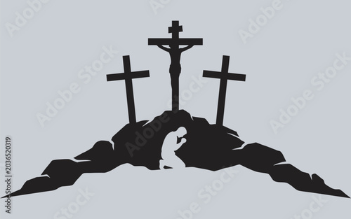 Jesus Christ Crucifixion Silhouette with Faith and Sacrifice Typography Vector Illustration