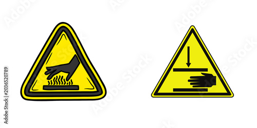 Quadro su tela Warning signs for hot surface and crushing hazard, isolated on transparent backg