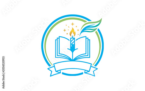 Open Book and Candle Logo Emblem with Ribbon Banner Vector Illustration