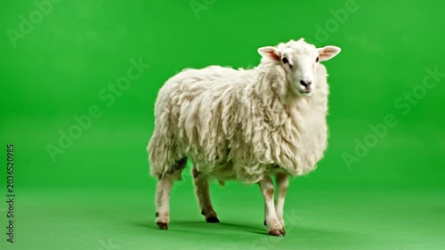 A white sheep with thick wool stands facing forward against a vibrant green background.