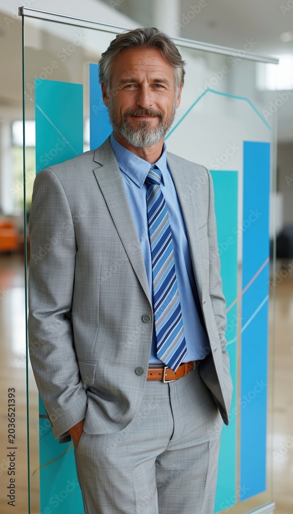 Fototapeta premium Senior business consultant standing beside transparent data presentation panel