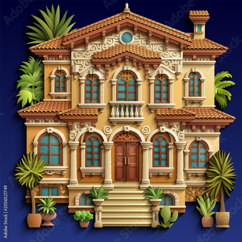 Mediterranean paper cut style vector illustration of a luxury villa with terracotta roof, ornate balconies and tropical plants.