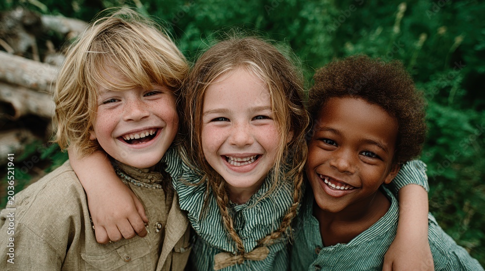 Fototapeta premium The image depicts three cheerful children embracing each other joyfully in a lush green natural setting, celebrating friendship and innocence amid a vibrant environment.