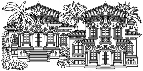 Line art vector illustration of a mediterranean villa with detailed facade, terracotta roofs and tropical plants in garden. Black outline design for coloring book. 