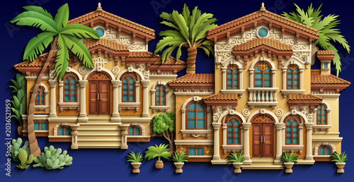 Mediterranean paper cut style vector illustration of a luxury villa with terracotta roof, ornate balconies and tropical plants.