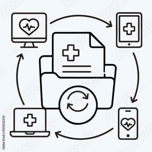 Medical Data Exchange Icon Featuring Devices And Documents Line Art Style healthcare