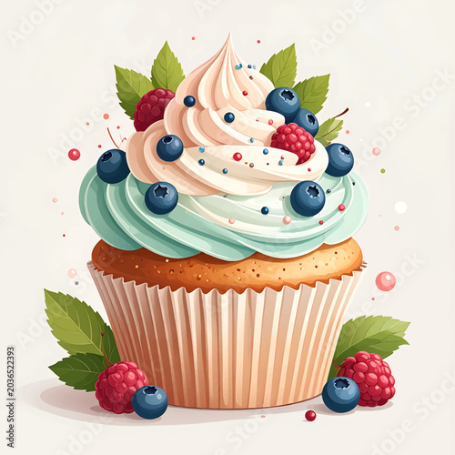 Canvastavla Colorful cupcake with swirled frosting berries.