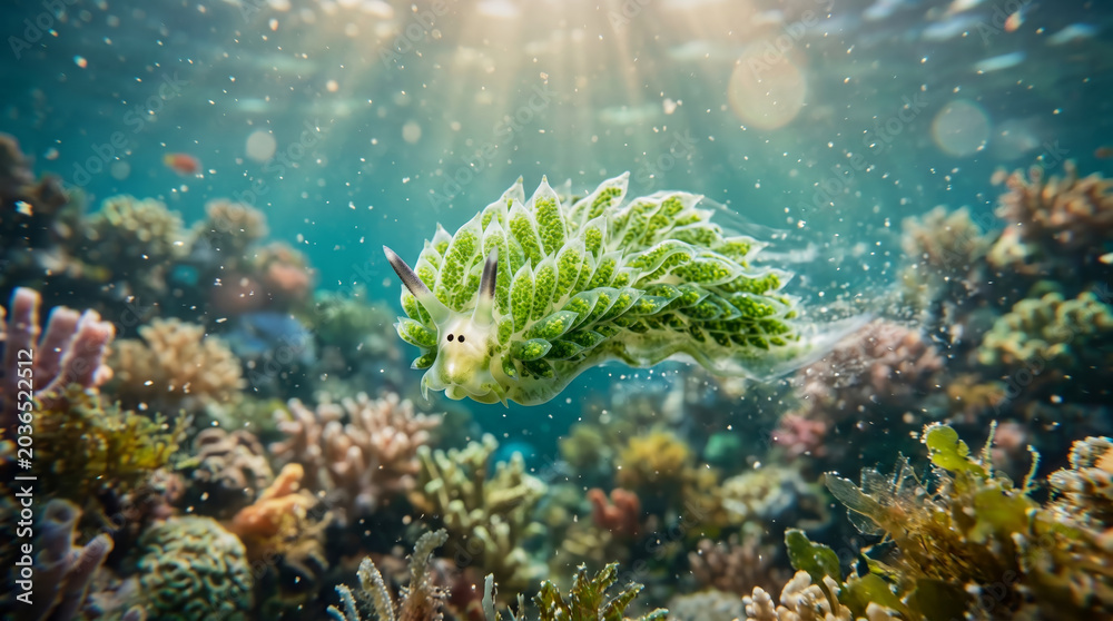 Fototapeta premium Leaf Sheep Sea Slug Swimming Through Tropical Coral Reef