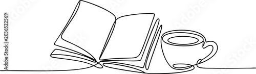 Continuous line drawing of open book and tea cup for peaceful morning reading and study concept.