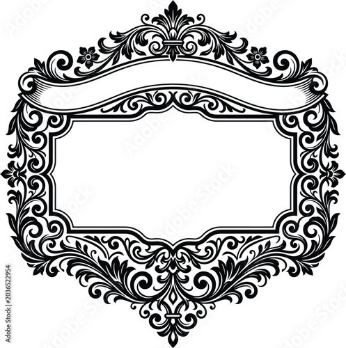 Fotografie An intricate ornamental vintage frame drawing with ornamental flourishes and a blank ribbon banner