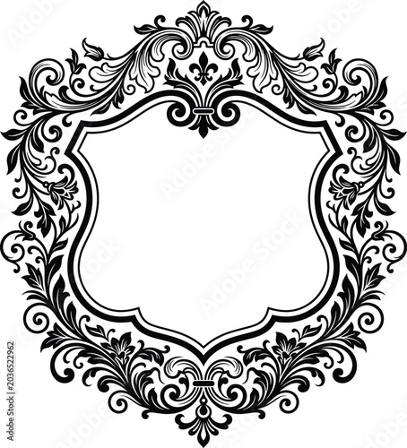 Fotografie An exquisite black and white vintage floral heraldic frame sketch with ornate baroque manner embellishing patterns