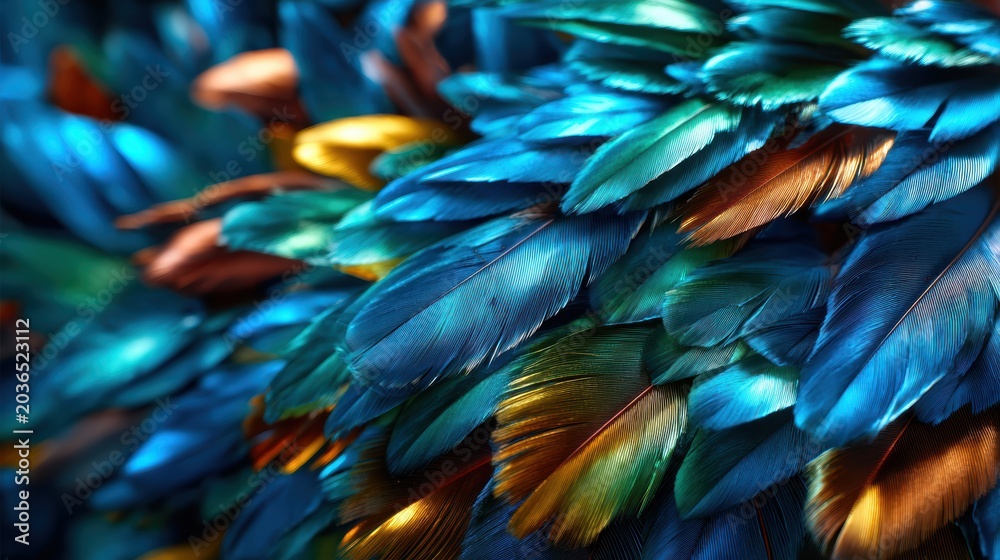 Obraz premium A striking close-up of vibrant, iridescent feathers showcasing a blend of blue, green, and hints of gold, reflecting light beautifully and evoking a sense of wonder and beauty.