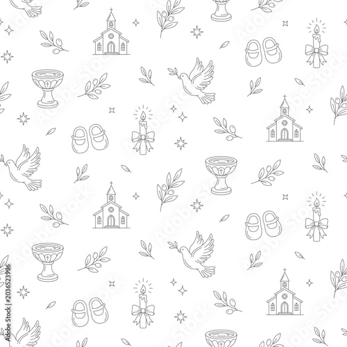 Schilderij op canvas Baptism seamless pattern with church, baptismal font, baby carriage, gifts and dove