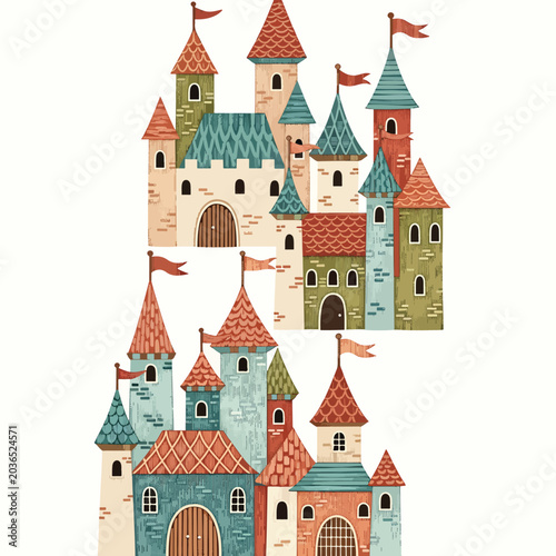 Schilderij op canvas Colorful cartoon medieval castle towers.