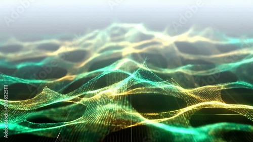 A sophisticated 3D animation featuring a dynamic, undulating digital terrain composed of shimmering green and gold light particles