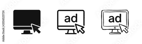 Online Advertising Icon Set, Computer Monitor with Ad and Cursor in Solid, Outline, and Hand-Drawn Styles