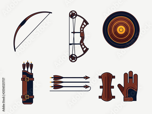Tableau sur toile Set of Archery Equipment Icons Including Traditional and Compound Bows, Arrows, Quiver, Target, Arm Guard, and Shooting Glove