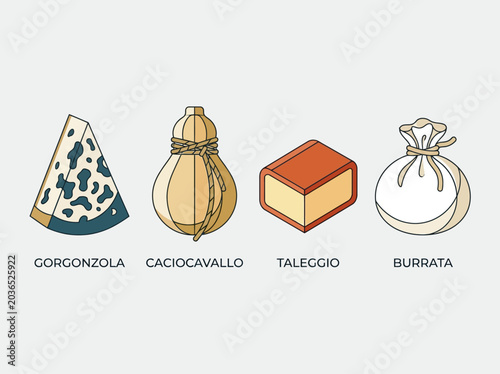 Photos Traditional Italian Cheese Variety Set Illustration - Gorgonzola, Caciocavallo,