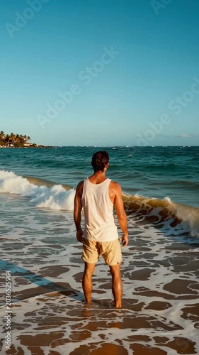 Man Standing on Shoreline Gazing at Ocean Waves Against Clear Sky During Sunset Relaxing at Sandy Beach