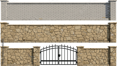 Fotografie Collection of Realistic Vector Stone and Brick Privacy Fences with Wrought Iron