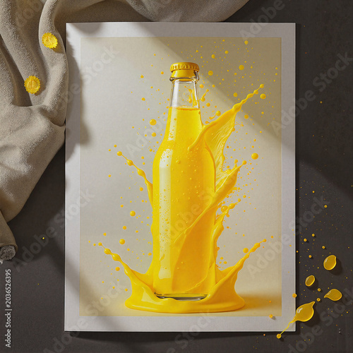 Yellow splash beverage bottle on a dark background with dynamic motion
