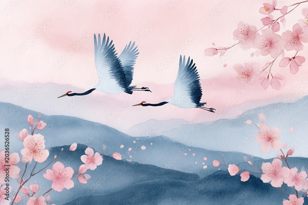 Obraz premium Elegant watercolor illustration of cranes soaring over misty mountains surrounded by cherry blossom branches. postcards, invitations, themes of freedom, serenity, and traditional Asian aesthetics