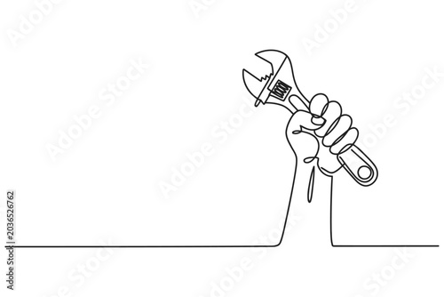Single continuous line illustration of hand holding adjustable wrench with adjustable construction maintenance minimalist illustration continuous engineering plumbing mechanic technical