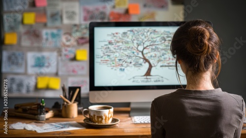 Woman at computer viewing a mind map on a monitor with sticky notes on a board for brainstorming and project planning background and design