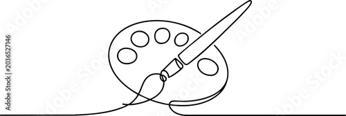 Continuous one line drawing of artist palette with paintbrush for creative painting.