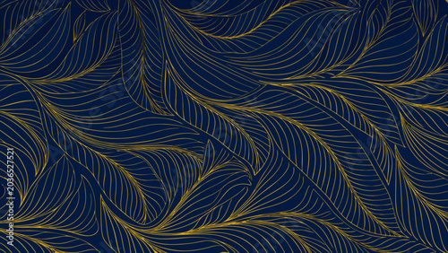 Seamless pattern of flowing organic shapes with golden lines on a dark blue background a decorative design abstract aesthetic art artistic