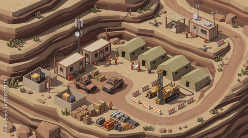 Tableau sur toile Desert Military Base Camp with Tents and Vehicles Aerial View.