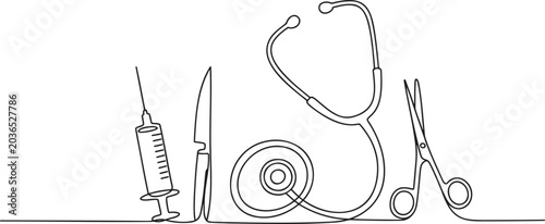Continuous one line drawing of medical instruments including a syringe, scalpel, stethoscope, and scissors, concept of health care.