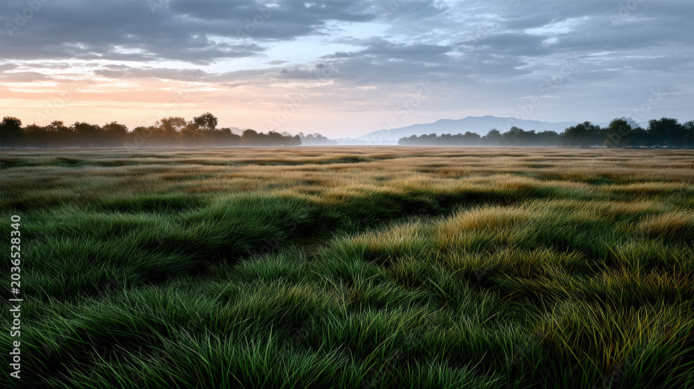 Naklejka premium Wide open meadow early morning green grass mist sunrise landscape nature tranquil field sky. Peaceful scene with lush grass and distant trees