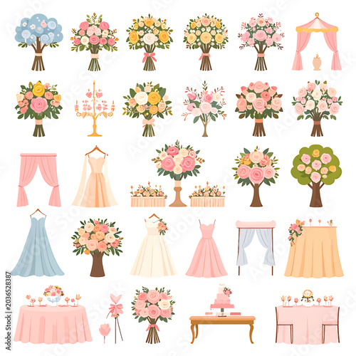 Wedding decorations with flowers and dresses.