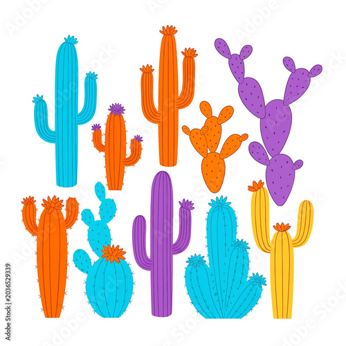 Colorful Cartoon Cactus Plants Group.