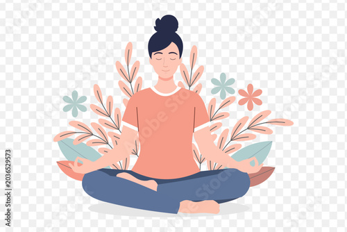 Woman sitting in lotus position with eyes closed surrounded by colorful flowers and leaves in a serene meditative yoga pose