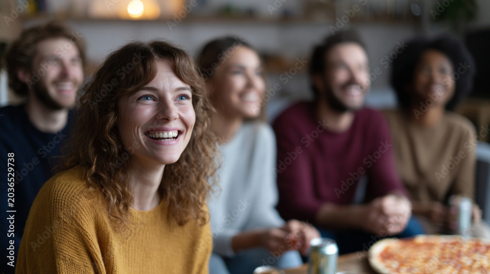 Obraz premium Group of friends enjoying pizza together
