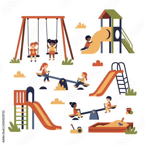 Bild auf Leinwand Children Playing on Colorful Playground Equipment 2.