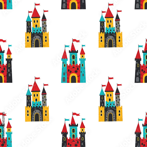Colorful cartoon castle tower illustrations.