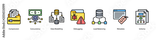 Data Architecture web banner icon vector illustration featuring Compression, Concurrency, Data Modelling, Debugging, Load Balancing, Metadata, and Schema.