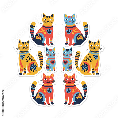 Colorful cartoon cats in various poses.