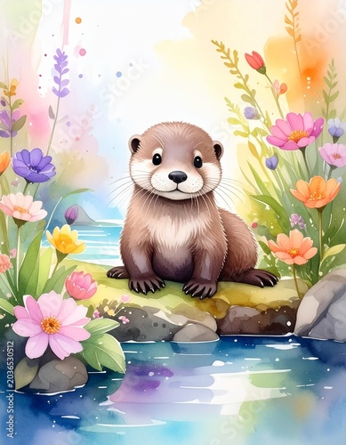 Aquarell-Otterbaby im Frühling