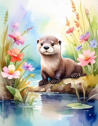 Aquarell-Otterbaby im Frühling