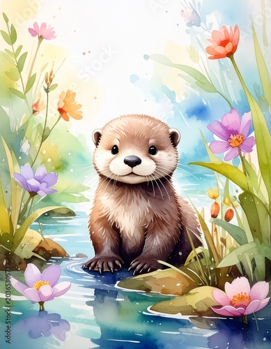 Aquarell-Otterbaby im Frühling