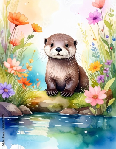 Aquarell-Otterbaby im Frühling