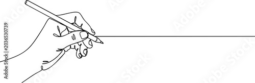 Human hand holding pencil drawing straight line in continuous one line art style.