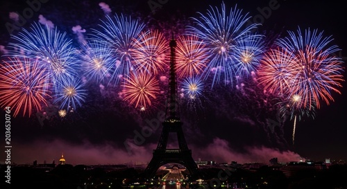 Bastille Day Celebration Wallpaper: Silhouette of Eiffel Tower Under Colorful Fireworks Display in Paris Night Sky, French National Day Background