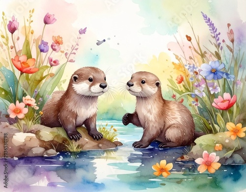 Aquarell-Otterbaby im Frühling